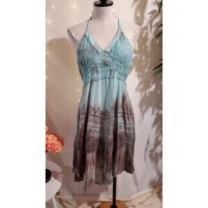 Vtg LSI Embroidered Beaded Smocked Tie Dye Halter Dress XL Festival Boho Fairy